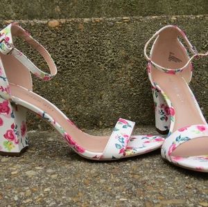 Flower Print Block Heel Sandals